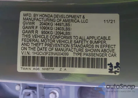 2022 Honda Accord Hybrid Sport z USA, uszkodzony, nr VIN 1HGCV3F23NA004099
